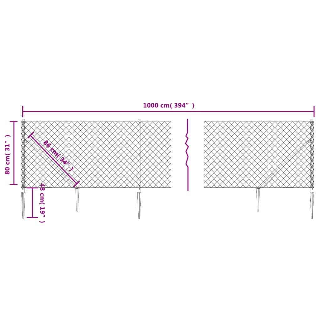 Maschendrahtzaun mit silbernem Anker 0,8x10 m