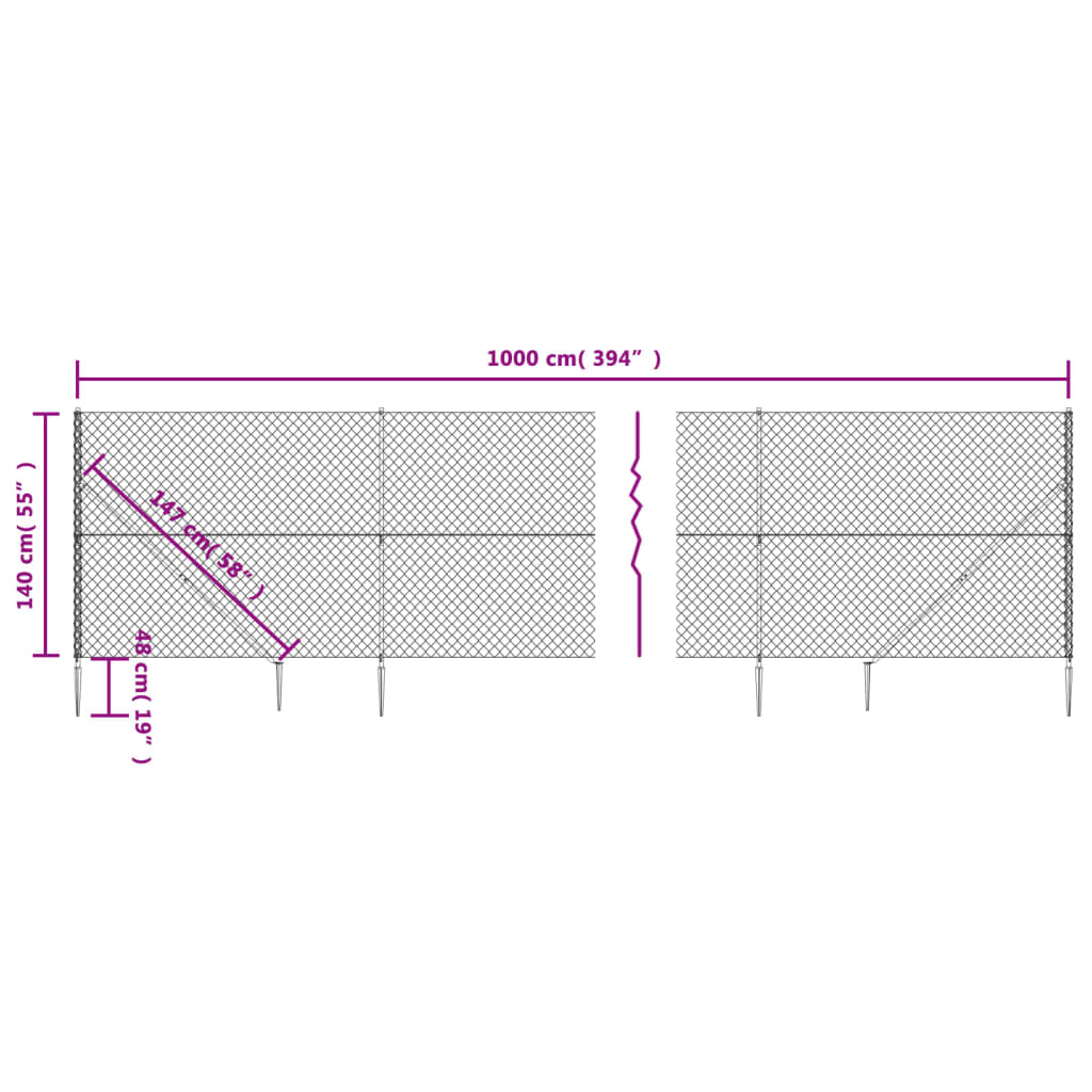 Clôture à mailles losangées avec ancrage argenté 1,4x10 m