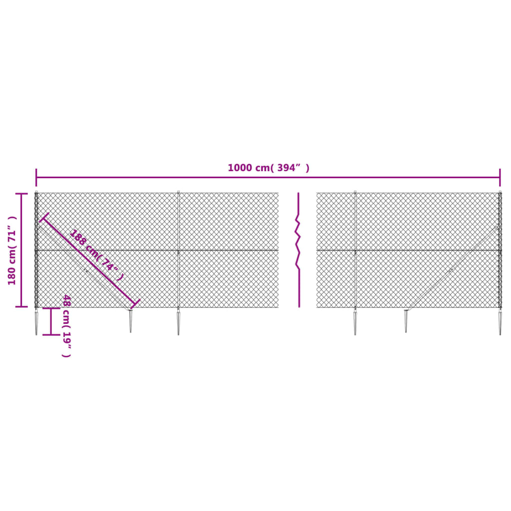 Maschendrahtzaun mit silbernem Anker 1,8x10 m