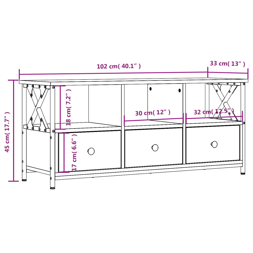 Meuble TV noir 102x33x45 cm bois d'ingénierie et fer