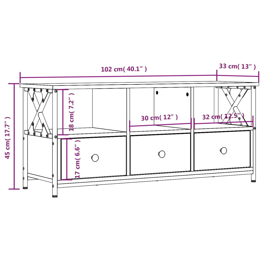 Meuble TV chêne fumé 102x33x45 cm bois d'ingénierie et fer