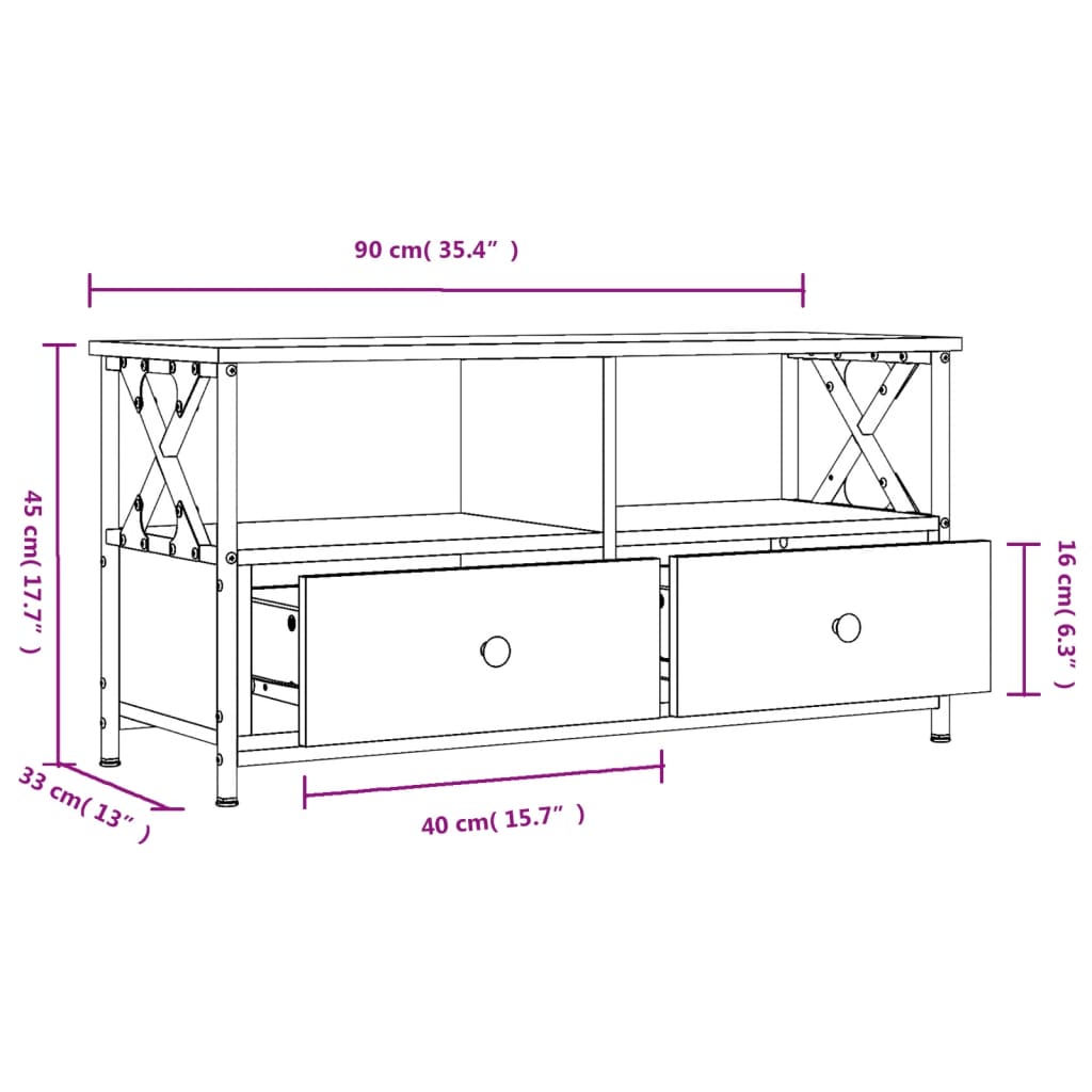 Meuble TV noir 90x33x45 cm bois d'ingénierie et fer