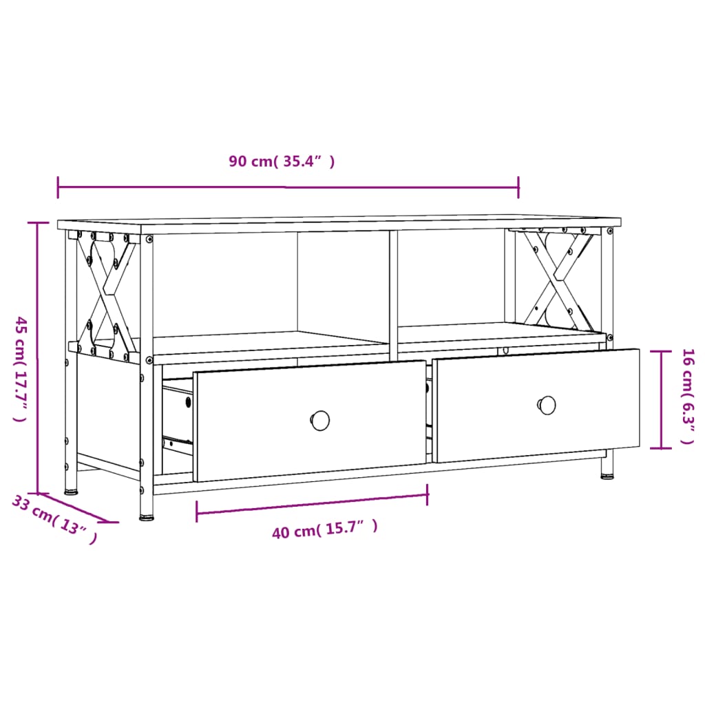 Meuble TV chêne marron 90x33x45 cm bois d'ingénierie et fer