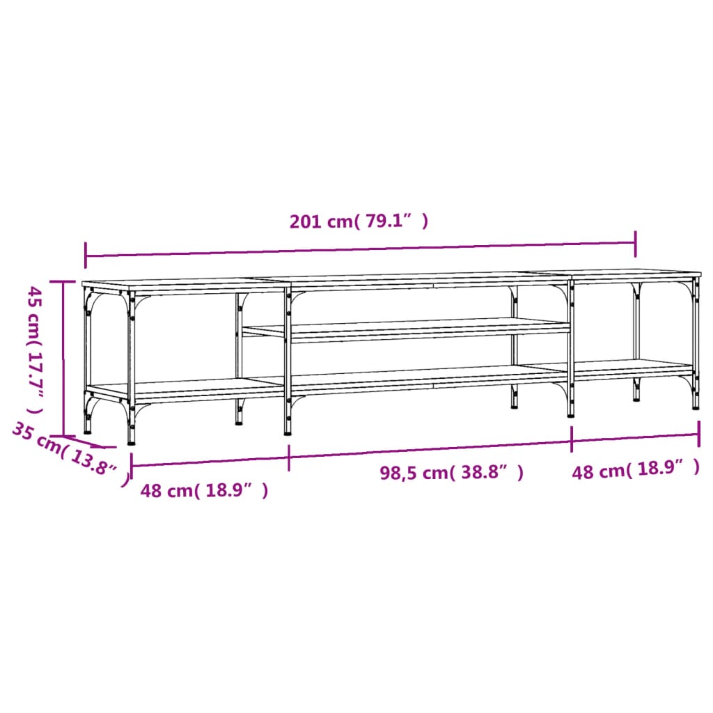 Meuble TV chêne fumé 201x35x45 cm bois d'ingénierie et fer