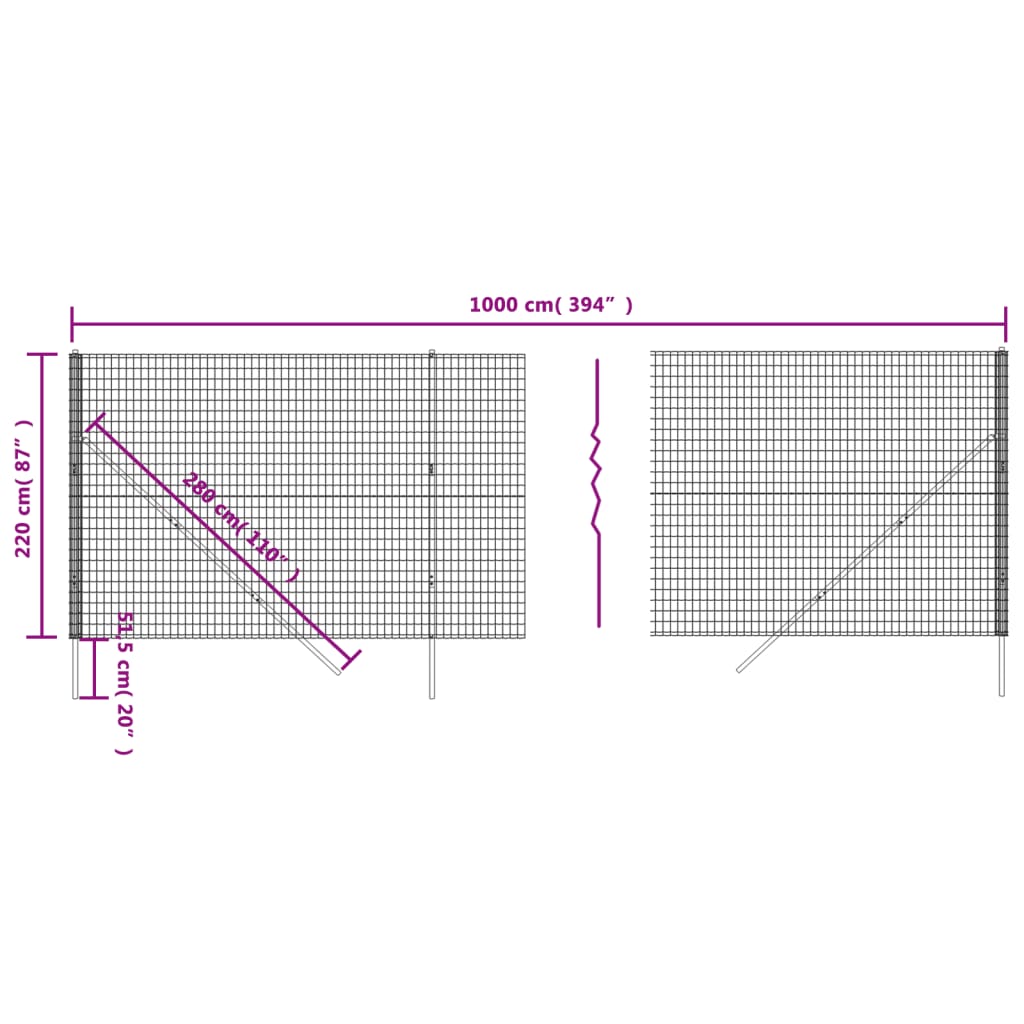 Green wire mesh fence 2.2x10 m galvanized steel