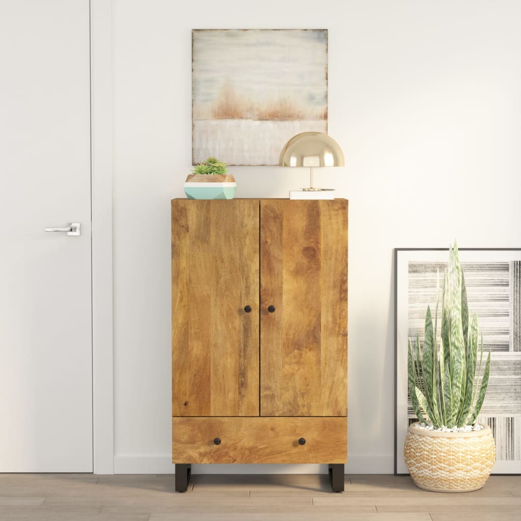 Hohes Sideboard mit Schublade 60x33x100cm aus massivem Mangoholz und Eisen