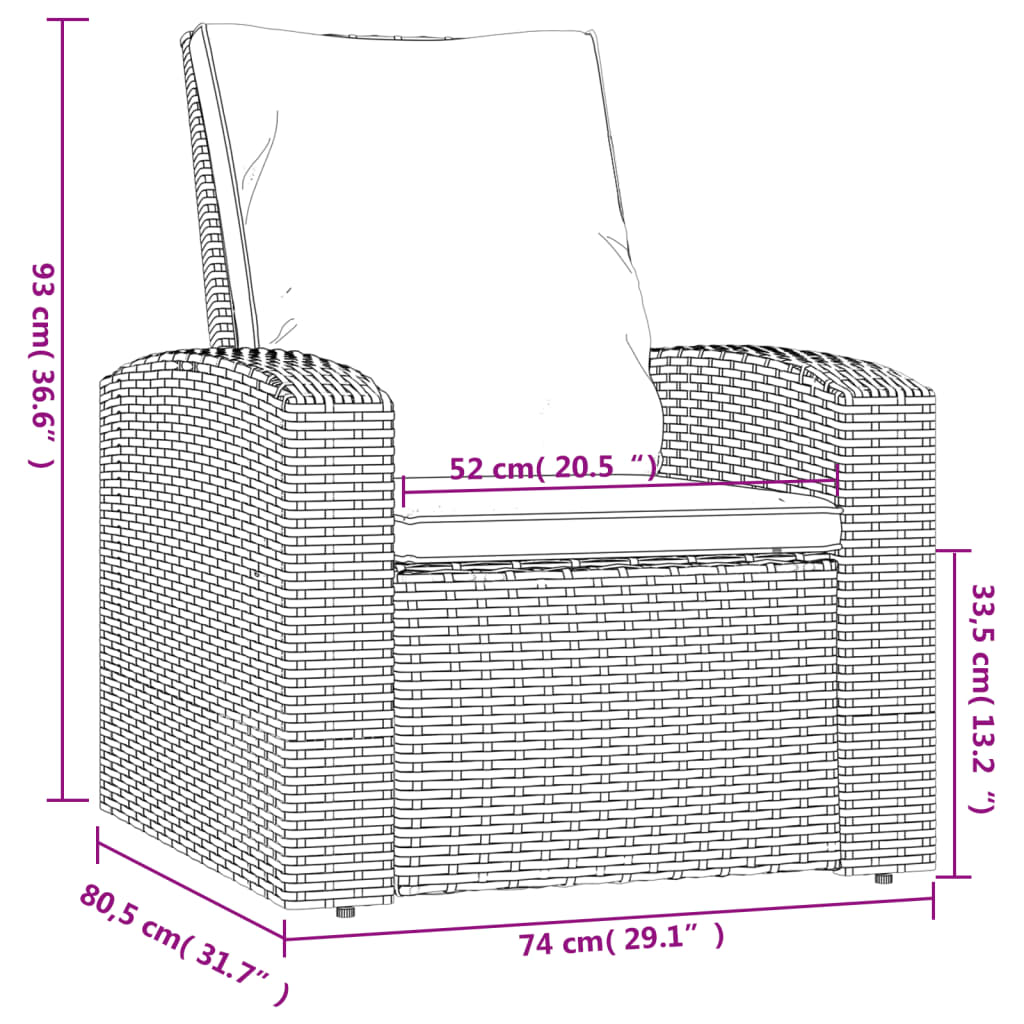 Fauteuil inclinable de jardin avec coussins marron clair rotin