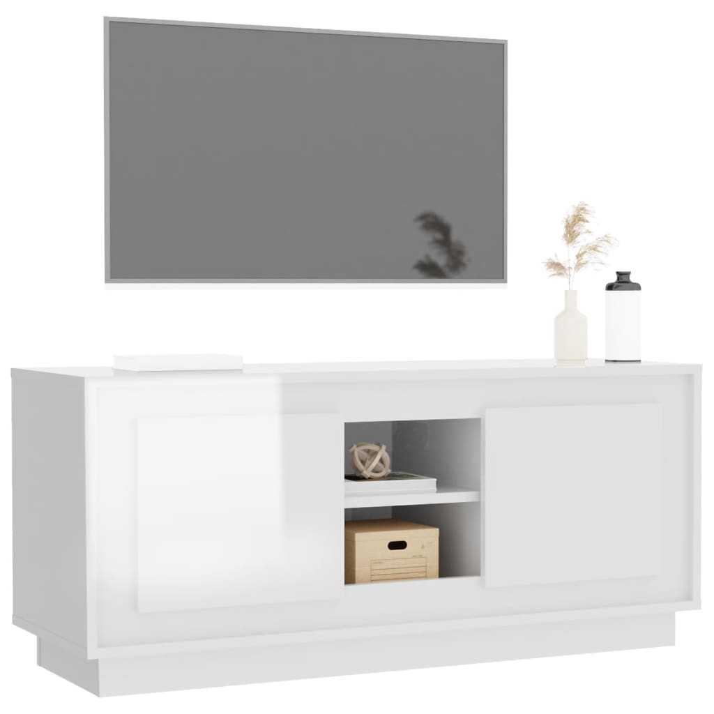 Meuble TV blanc brillant 102x35x45 cm bois d'ingénierie