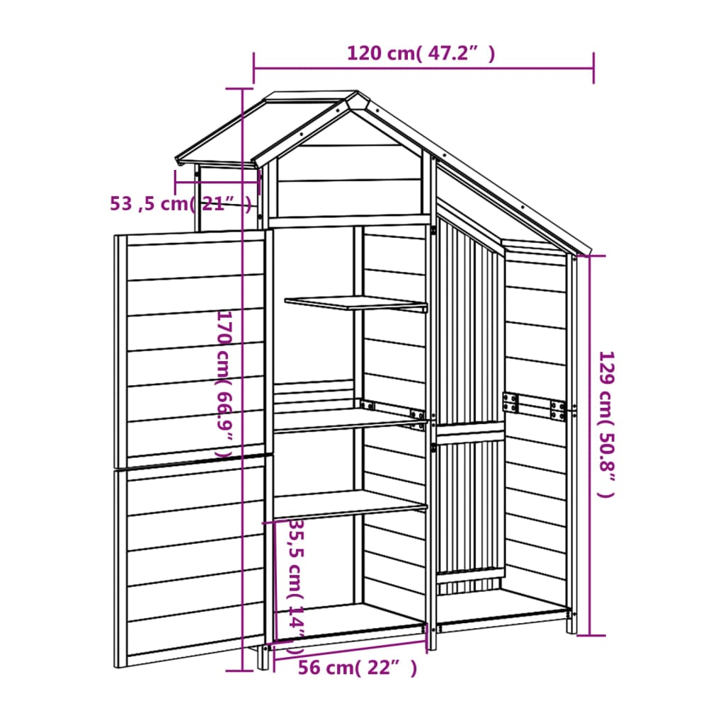 Abri à outils de jardin marron 120x53,5x170 cm bois massif pin