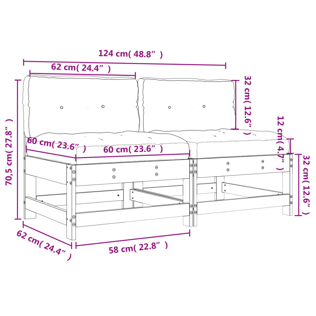 Canapés centraux avec coussins 2 pcs bois massif douglas