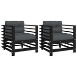 Garden chairs and cushions set of 2 black solid pine wood