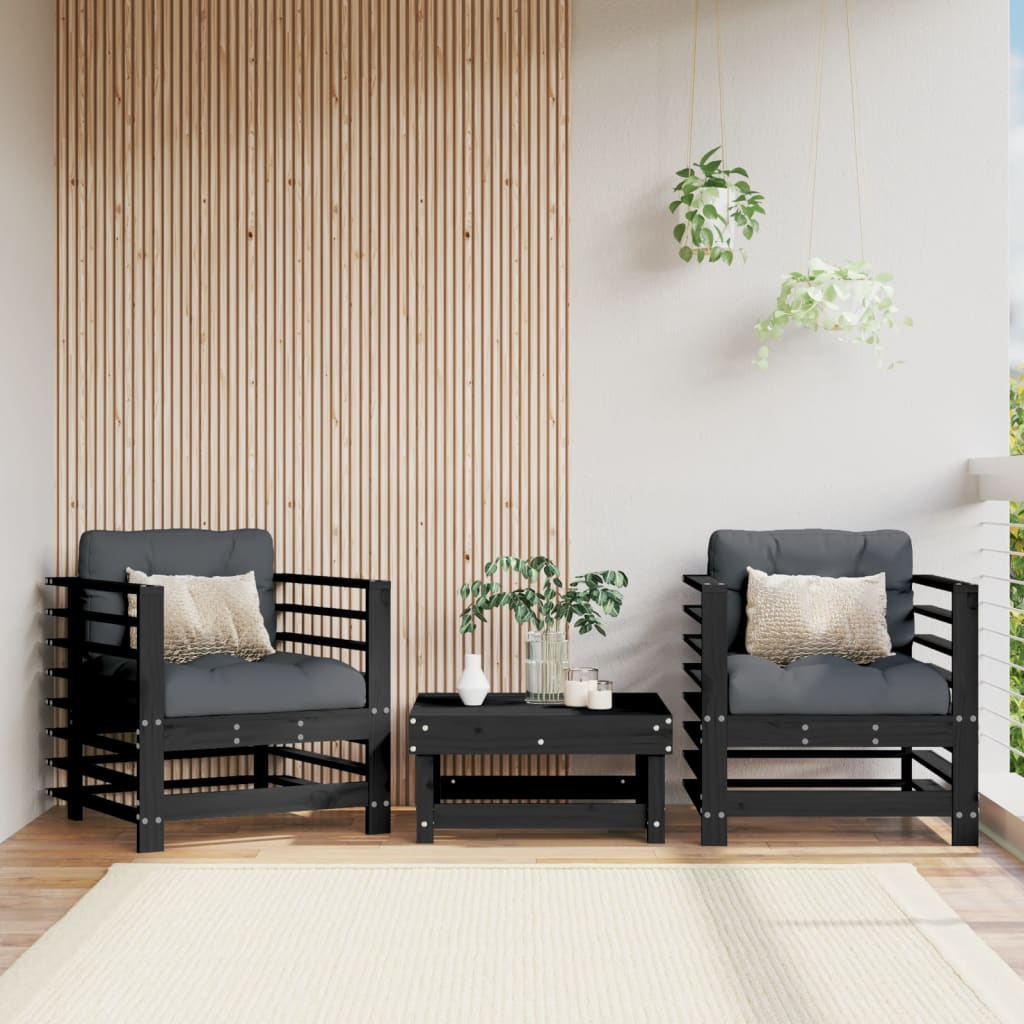 Garden chairs and cushions set of 2 black solid pine wood