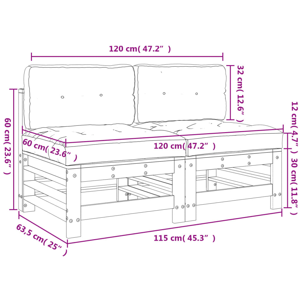 Canapés centraux avec coussins 2 pcs blanc bois de pin massif