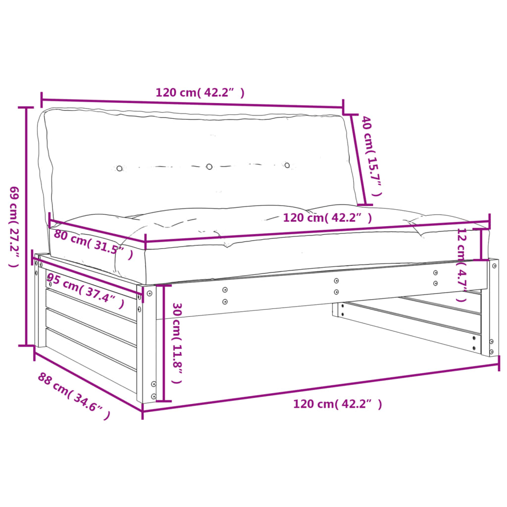 Canapé central 120x80 cm blanc bois de pin massif