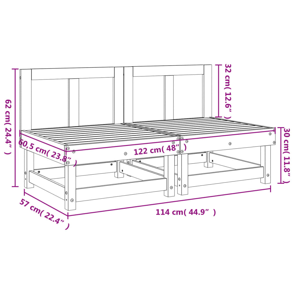 Canapés centraux de jardin 2 pcs bois de pin massif