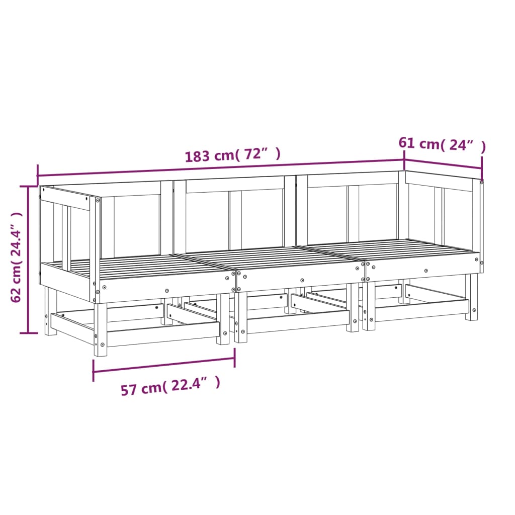 Salon de jardin 3 pcs blanc bois massif de pin