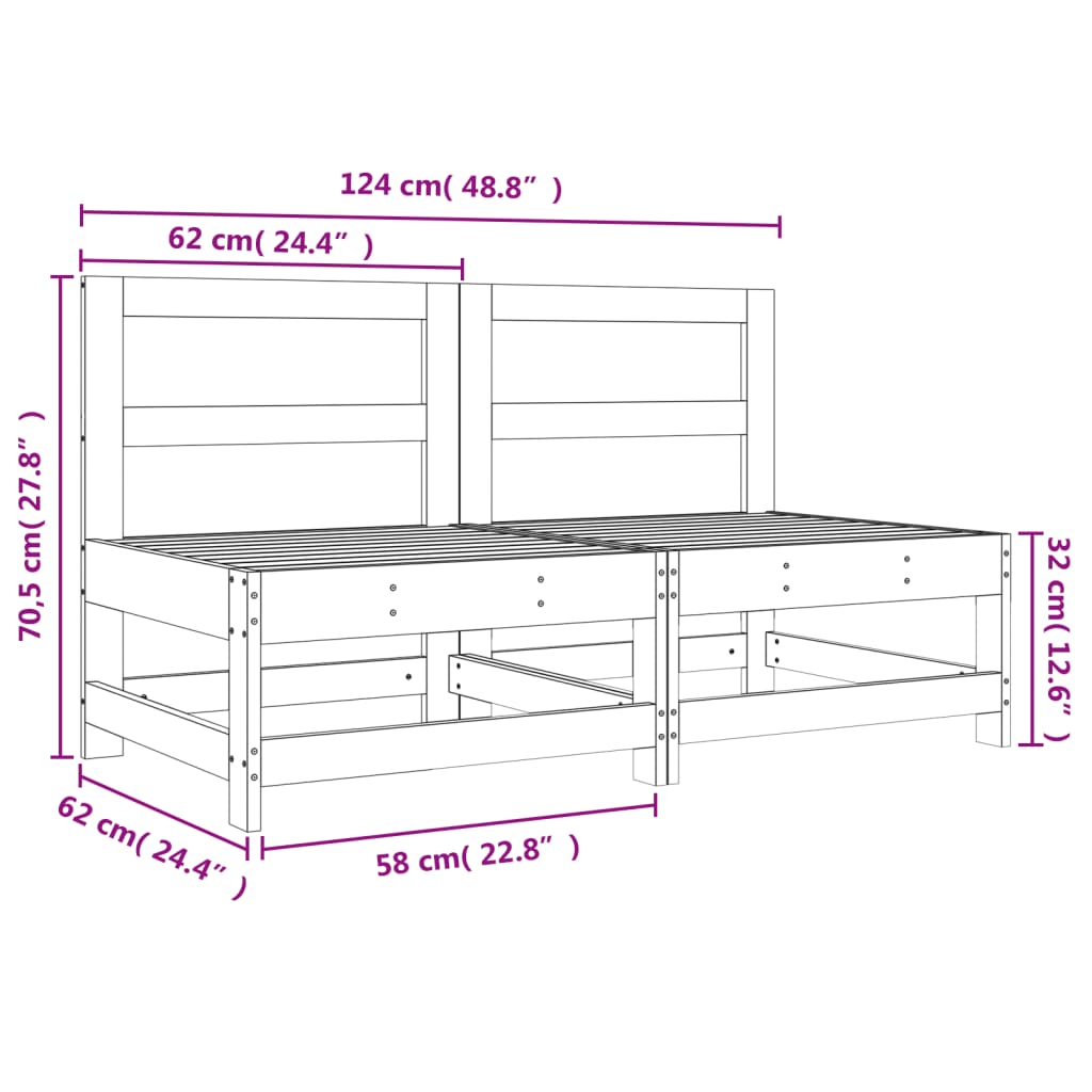 Garten-Zentralsofas, 2 Stück, honigbraunes massives Kiefernholz