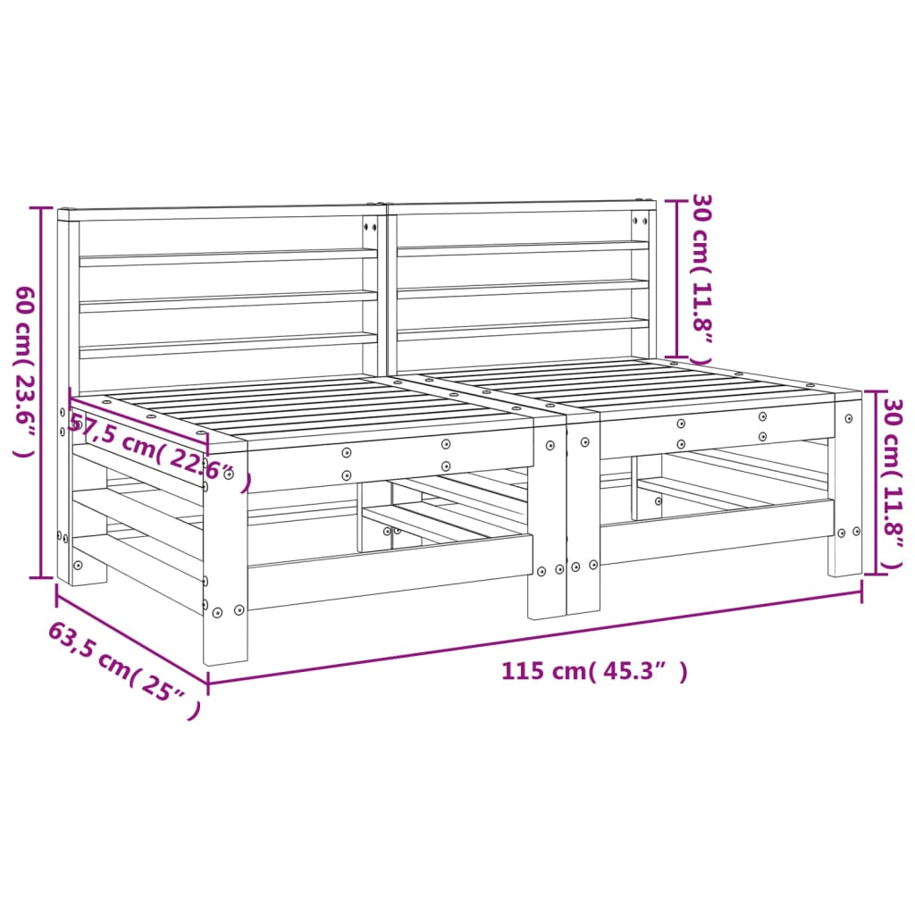 Zentrale Gartensofas, 2 Stück, weißes, massives Kiefernholz