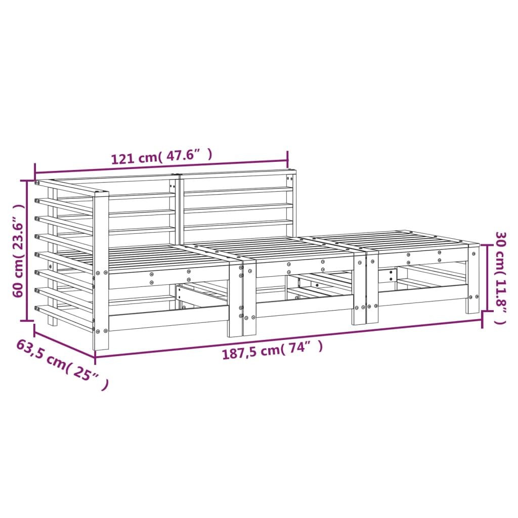 Salon de jardin 3 pcs bois massif de pin