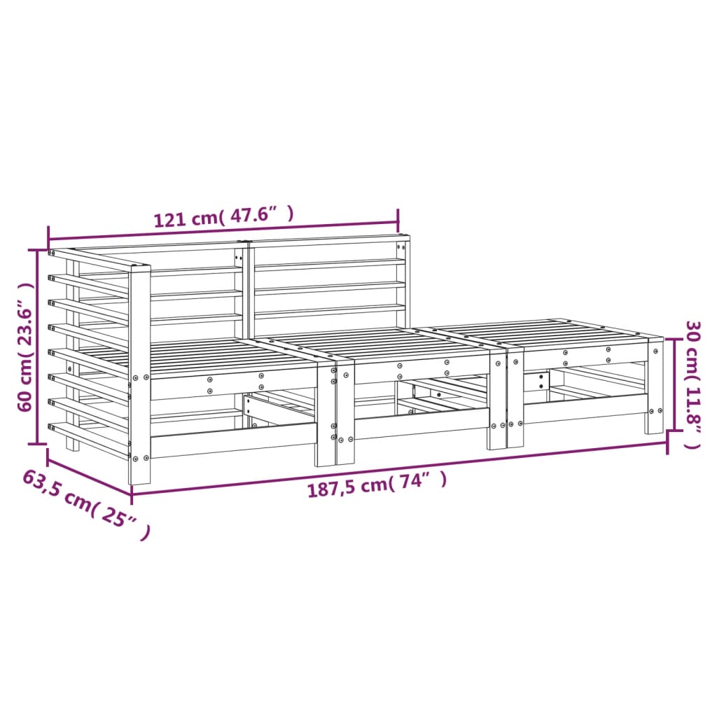 Salon de jardin 3 pcs blanc bois massif de pin