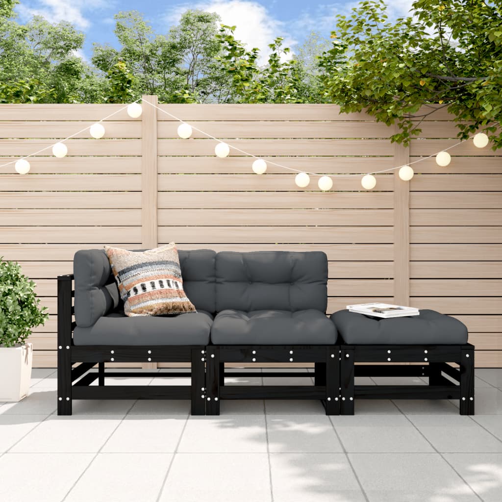 Salon de jardin 3 pcs noir bois massif de pin