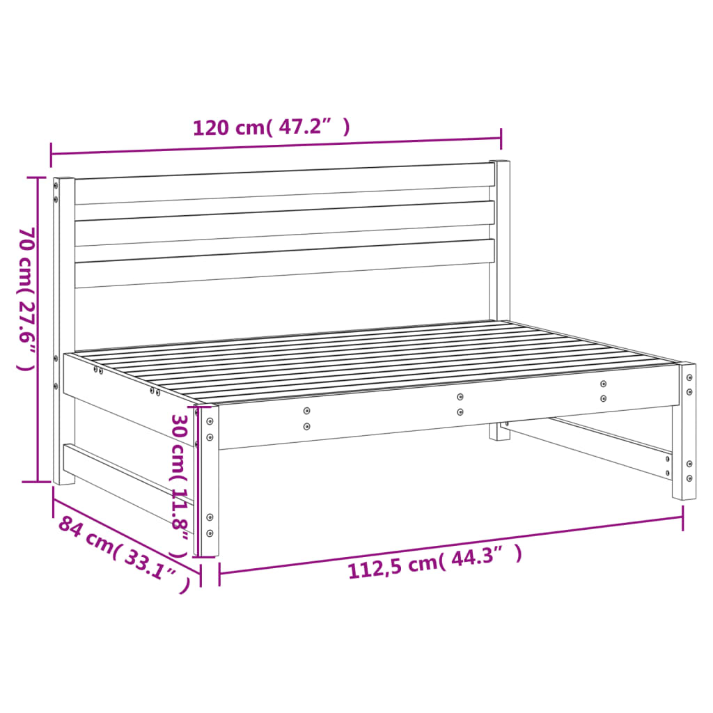 Grey central garden sofa 120x80 cm solid pine wood