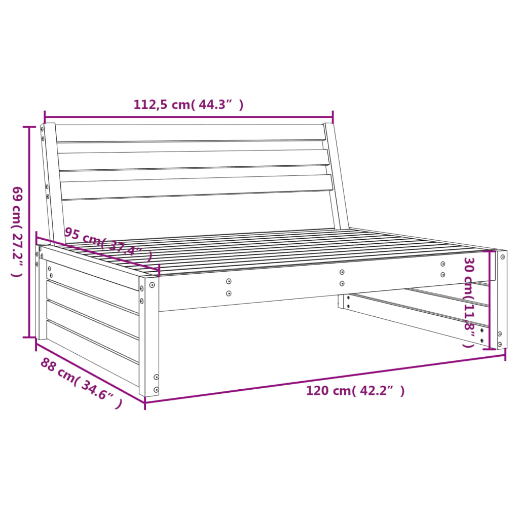 Canapé central de jardin 120x80 cm bois de pin massif