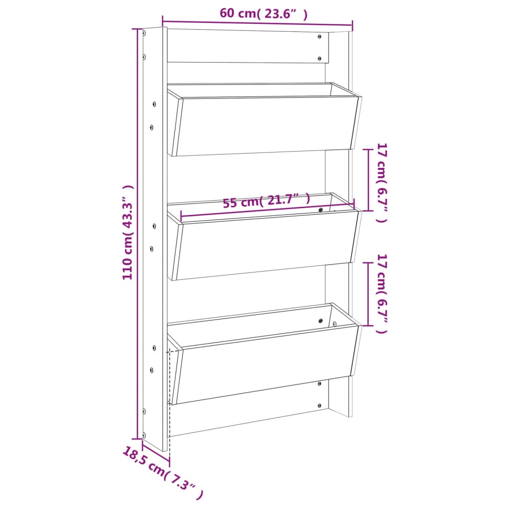 Jardinière murale 3 niveaux 60x18,5x110 cm gris bois pin massif