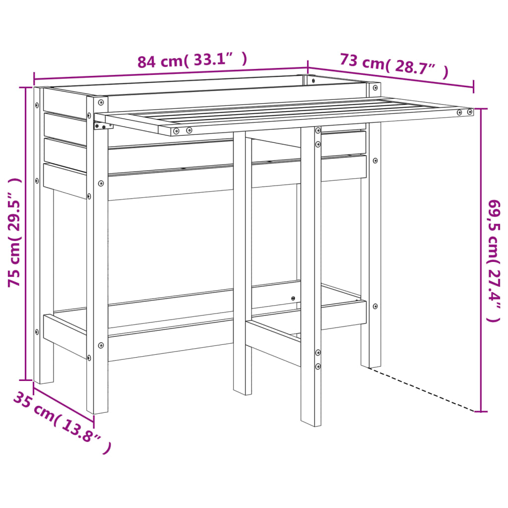 Jardinière avec dessus de table pliable bois de pin massif