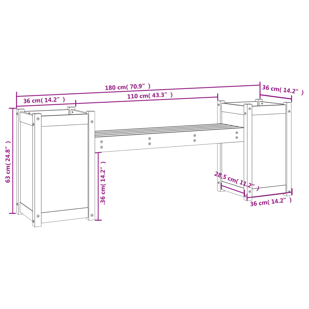 Banc avec jardinières marron miel bois massif de pin