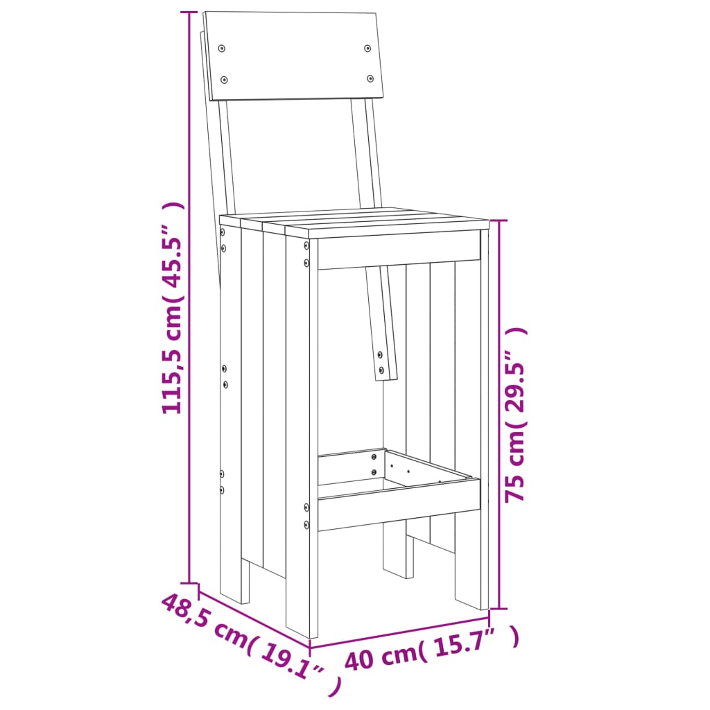 Bar stools set of 2 white 40x48.5x115.5cm solid pine wood