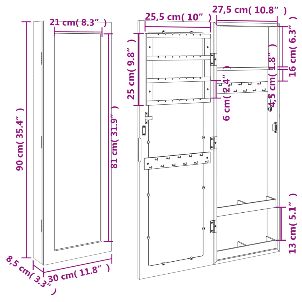 Armoire à bijoux avec miroir murale 30x8,5x90 cm