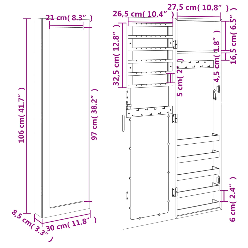 Jewelry cabinet with wall mirror white 30x8.5x106 cm