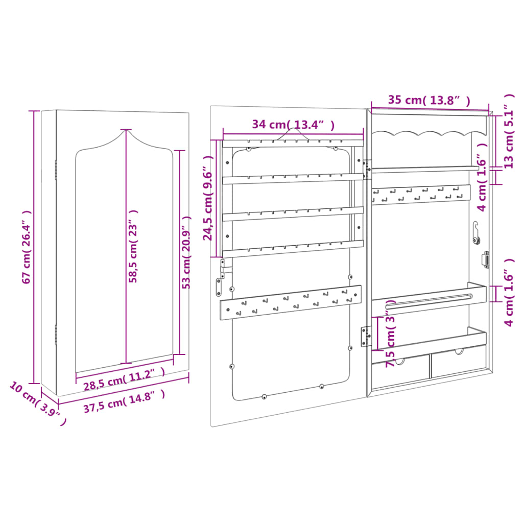 Schmuckschrank mit schwarzem Wandspiegel 37,5x10x67 cm