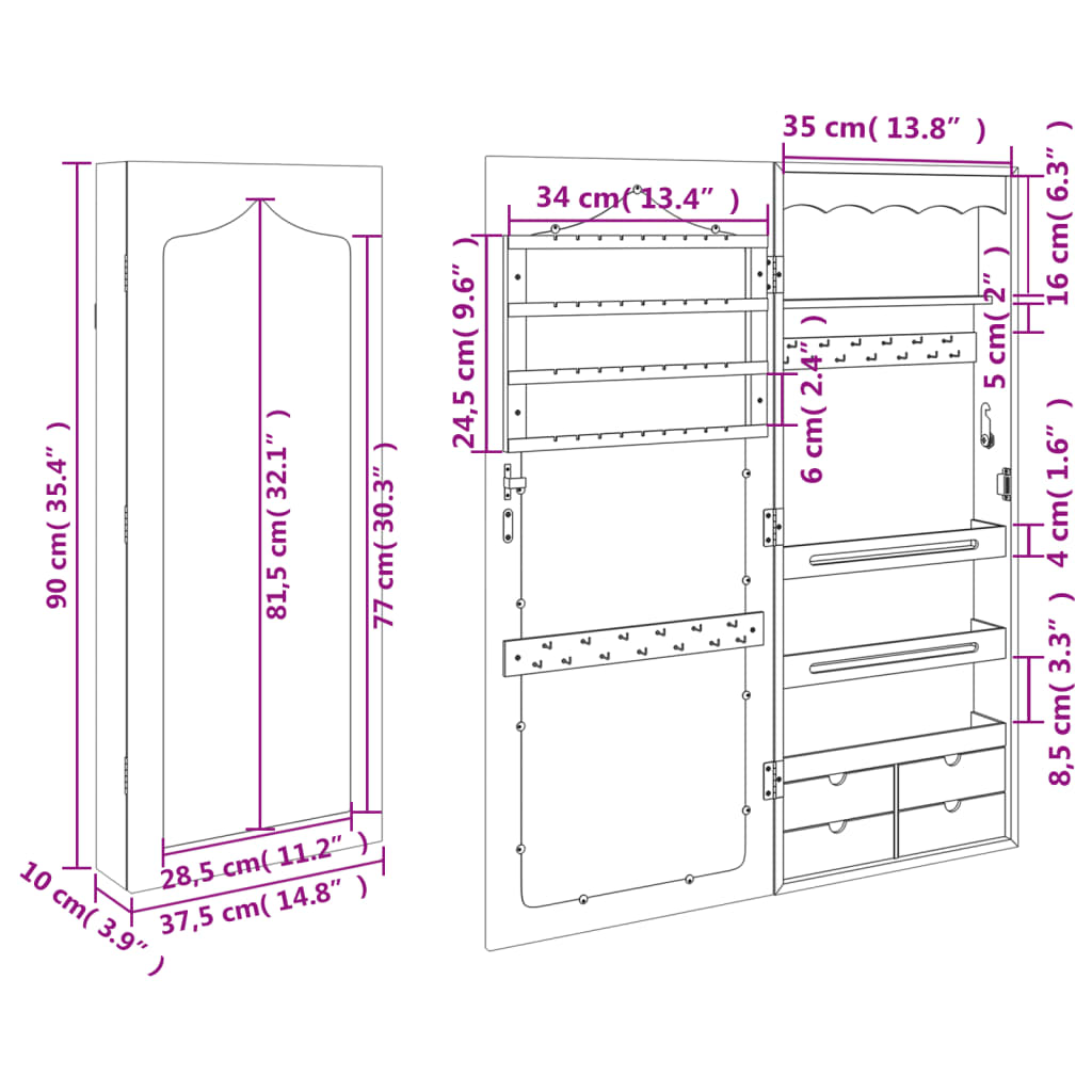 Schmuckschrank mit weißem Wandspiegel 37,5x10x90 cm