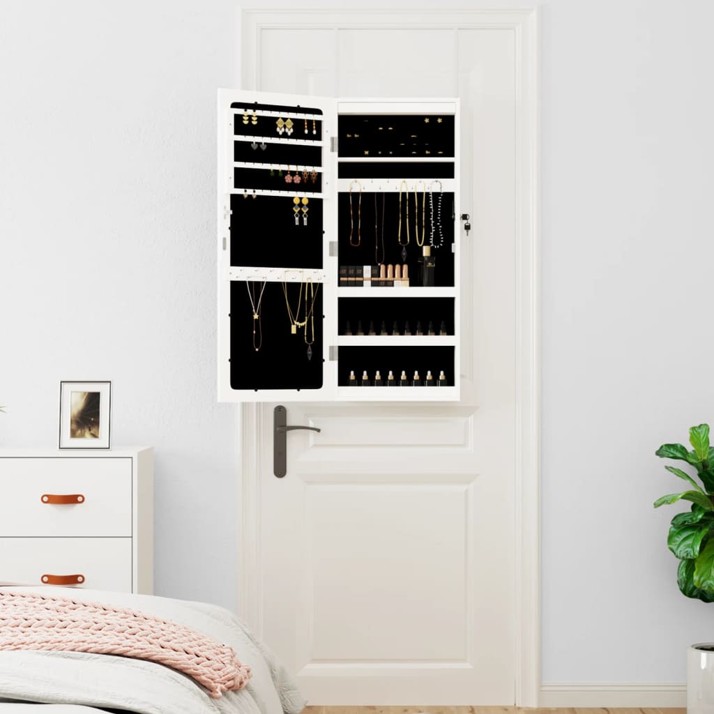 Jewelry cabinet with mirror and white LED wall lighting