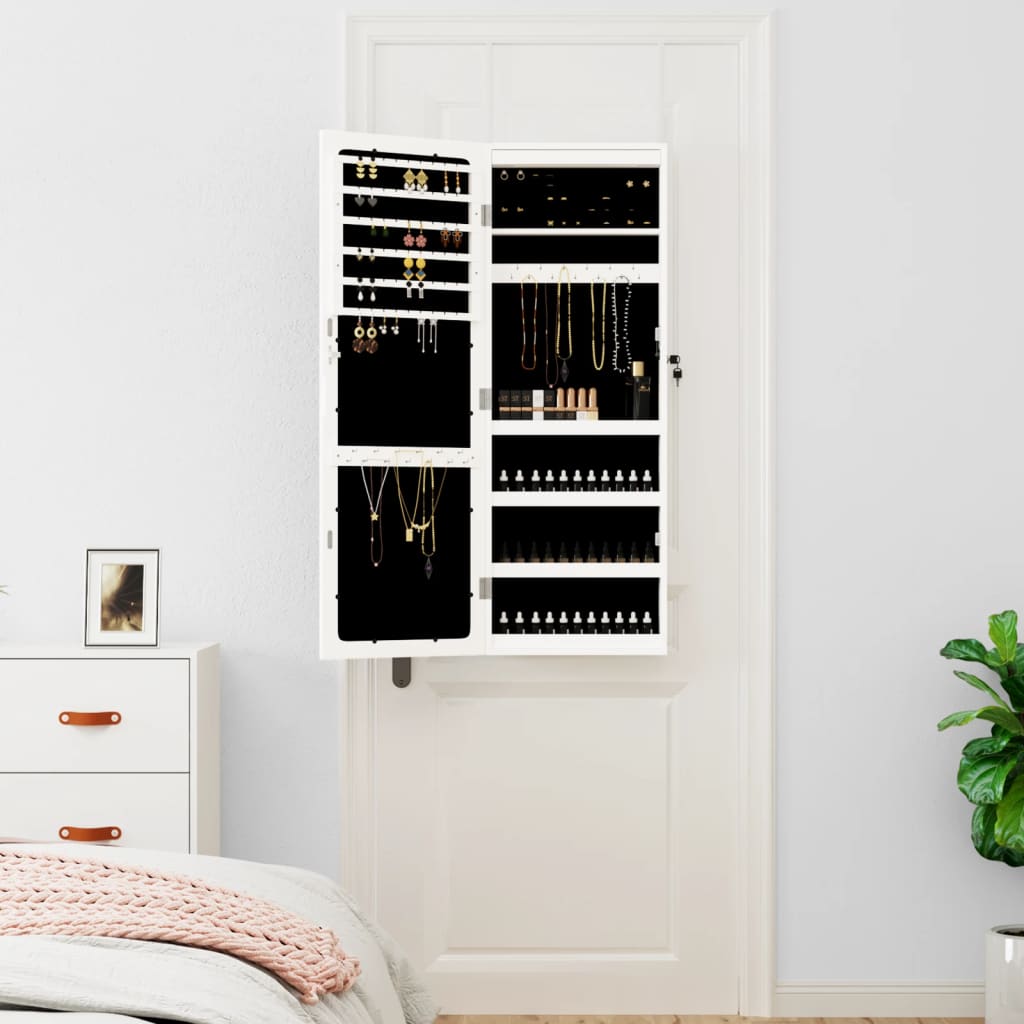 Jewelry cabinet with mirror and white LED wall lighting