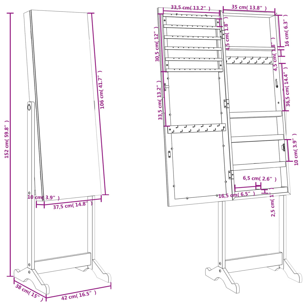 Armoire à bijoux avec miroir sur pied blanc 42x38x152 cm