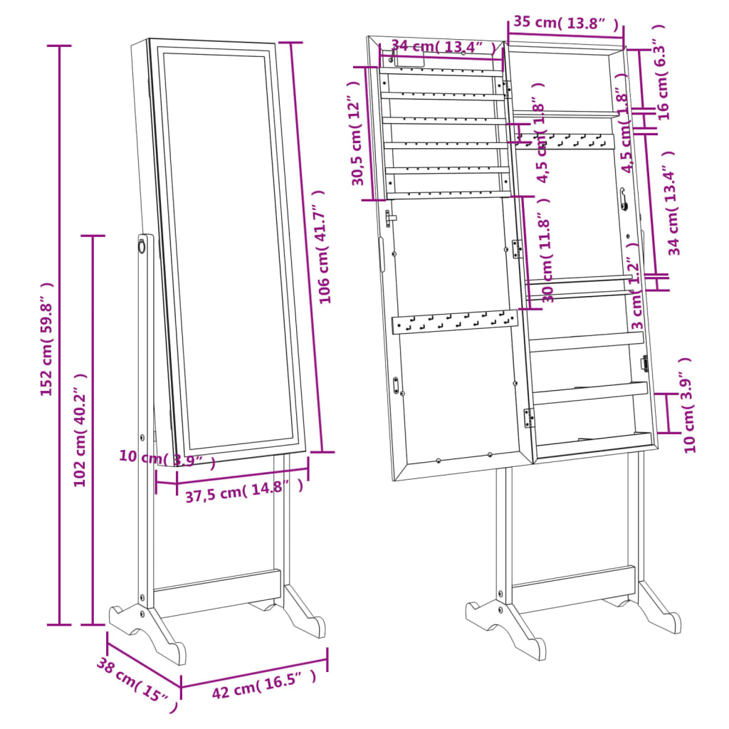 Armoire à bijoux miroir avec lumières LED sur pied blanc