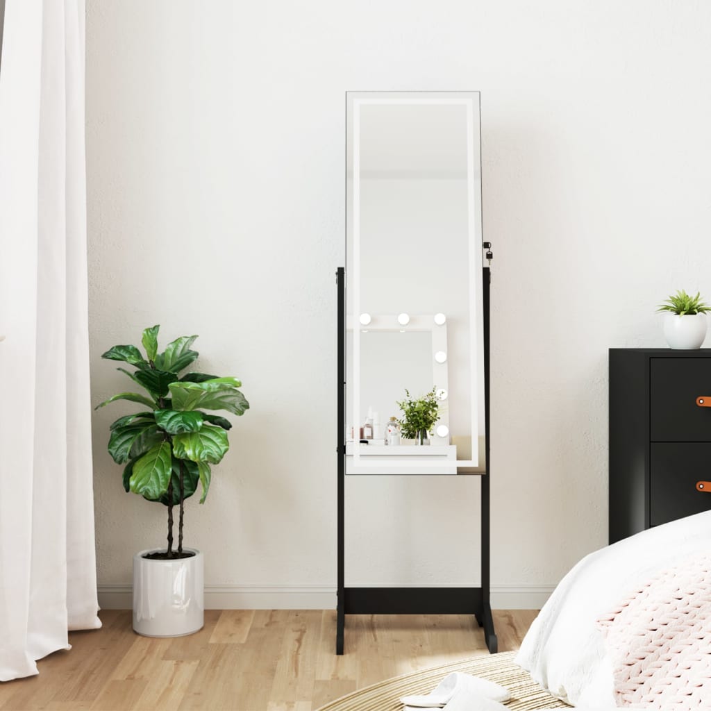 Armoire à bijoux miroir avec lumières LED sur pied noir