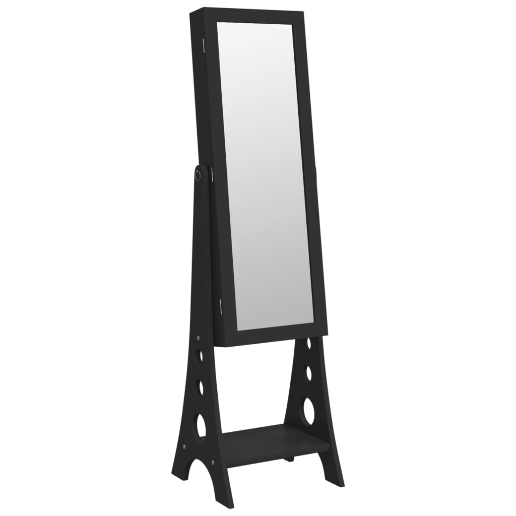 Mirrored jewelry cabinet with LED lights on black stand