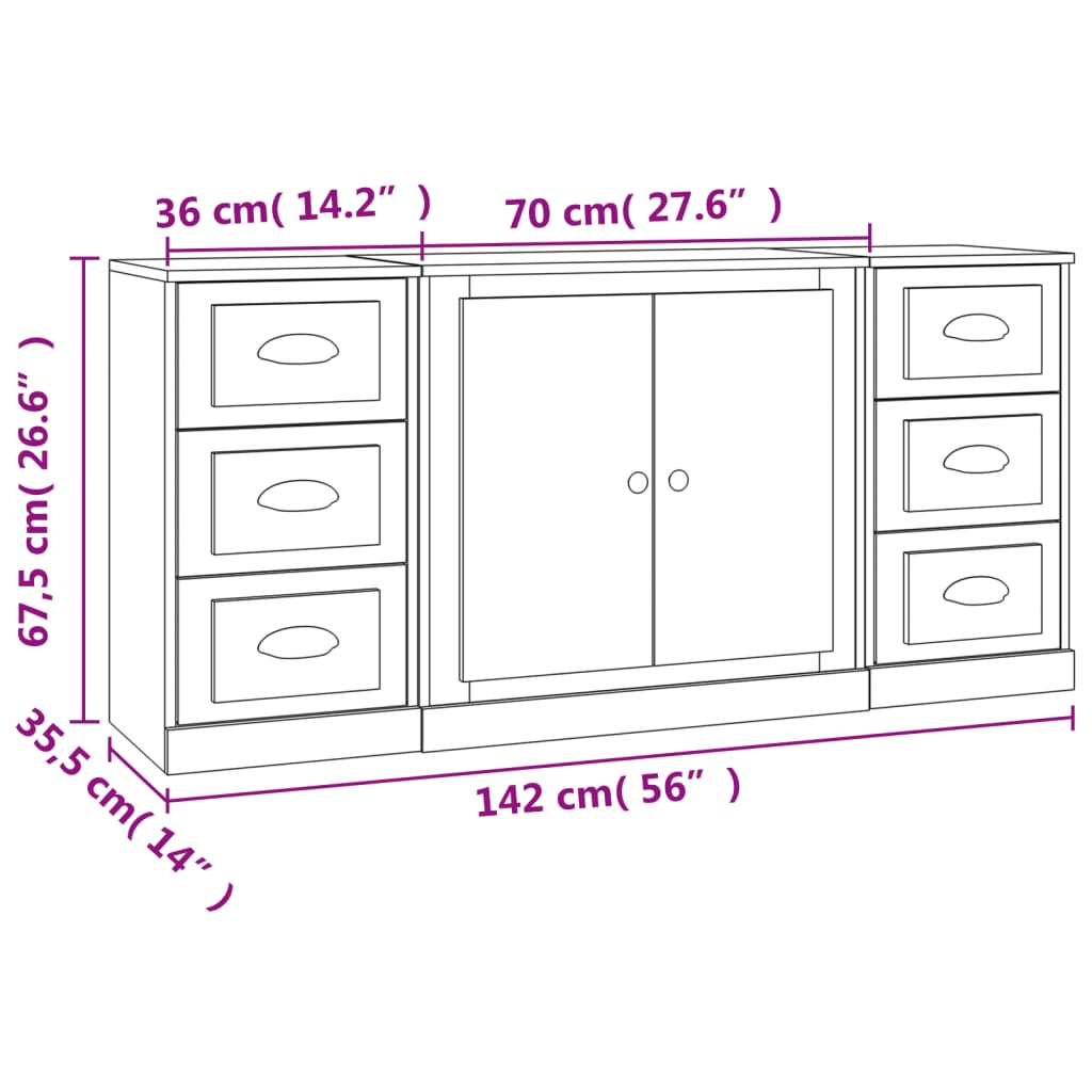 3 pcs sideboards white gloss engineered wood