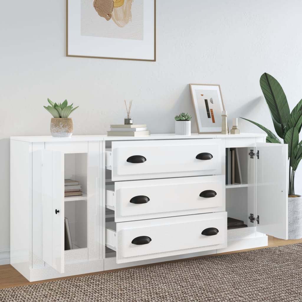 3 pcs sideboards white gloss engineered wood