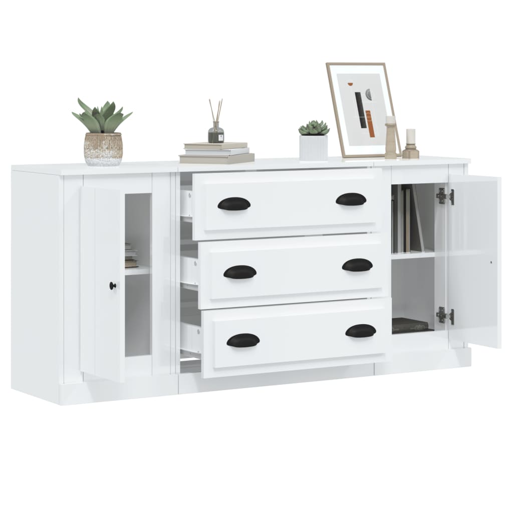 3 pcs sideboards white gloss engineered wood