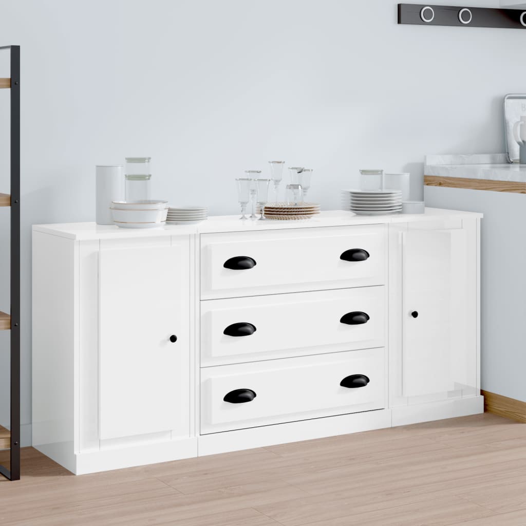 3 pcs sideboards white gloss engineered wood