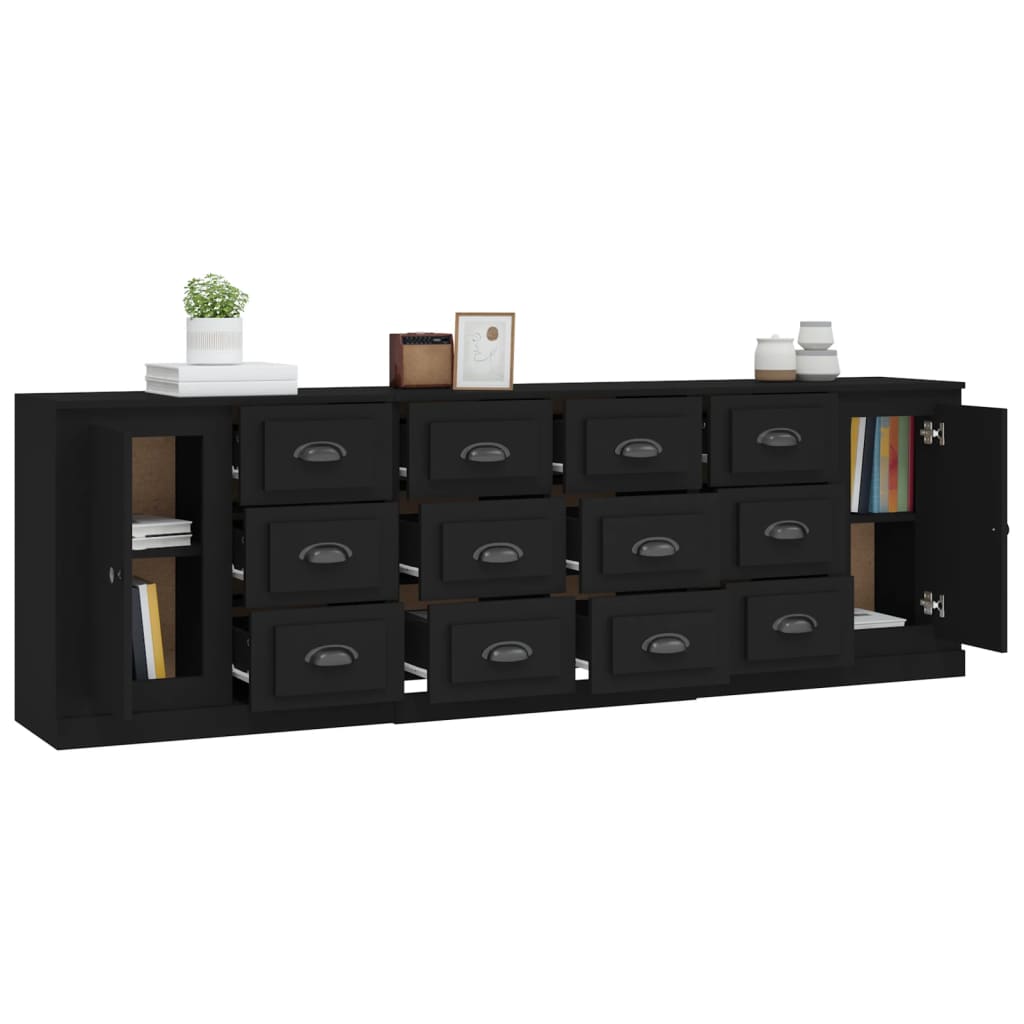 Buffets 3 pcs noir bois d'ingénierie