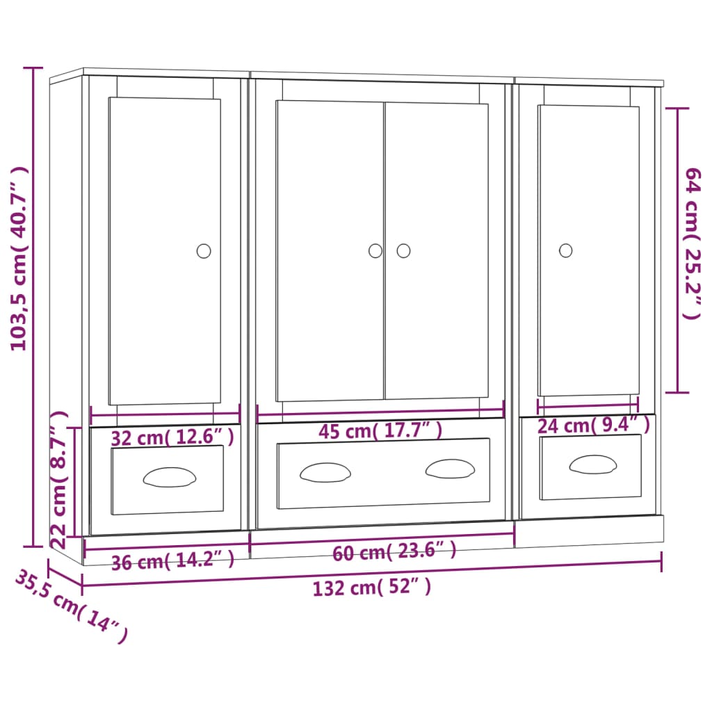 3 pcs white engineered wood sideboards