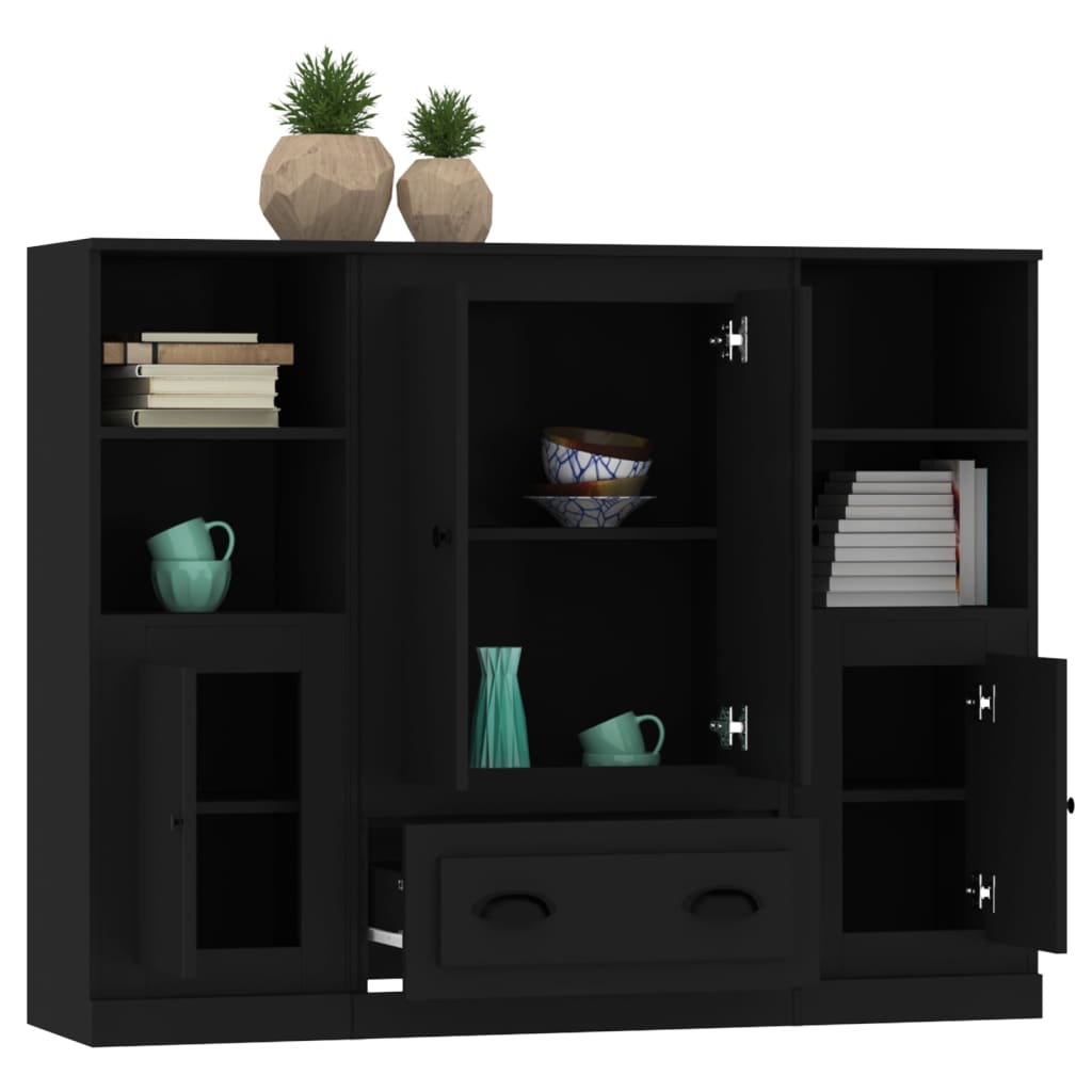 Buffets 3 pcs noir bois d'ingénierie