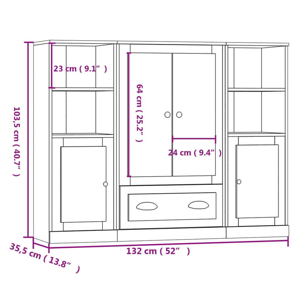 3 pcs sideboards white gloss engineered wood