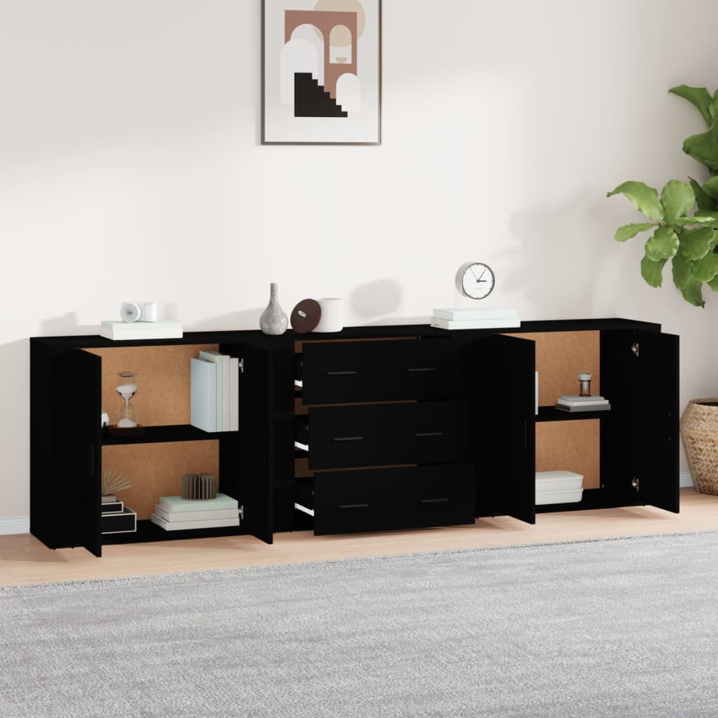 Buffets 3 pcs noir bois d'ingénierie